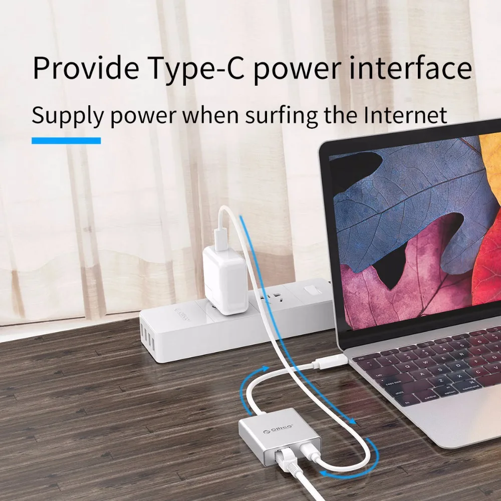 Алюминиевый адаптер ORICO Type C к RJ45 гигабитная Ethernet карта 1000 Мбит/с концентратор PD