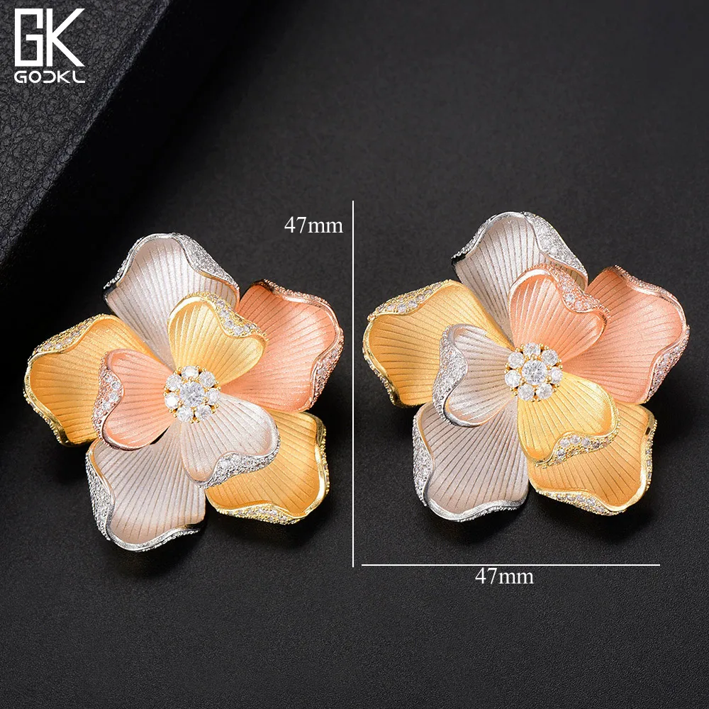 

GODKI Luxury 3 Tone Flower Big Stud Earrings for women Wedding Clear Crystal Zircon CZ Dubai Bridal Earring Bohemian Hot 2018