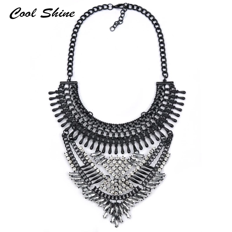 Coolshin Мода Макси Винтаж Ожерелье Геометрическая Черный Кристалл Choker Заявление