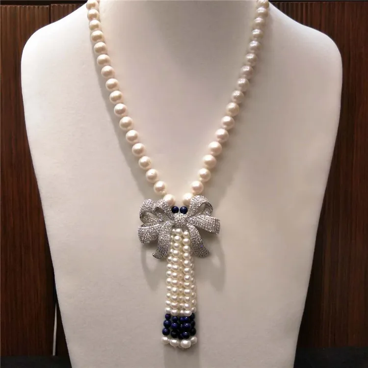 Hand knotted natural 8-9mm white freshwater pearls Lapis lazuli bowknot accessories long necklace sweater chain fashion jewelry | Украшения