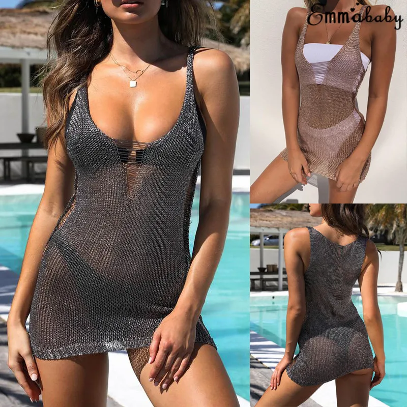 Hot Style Women's Beach Bikini Sexy Cover up Short Mesh Dress Summer Boho Mini Dress Swimwear