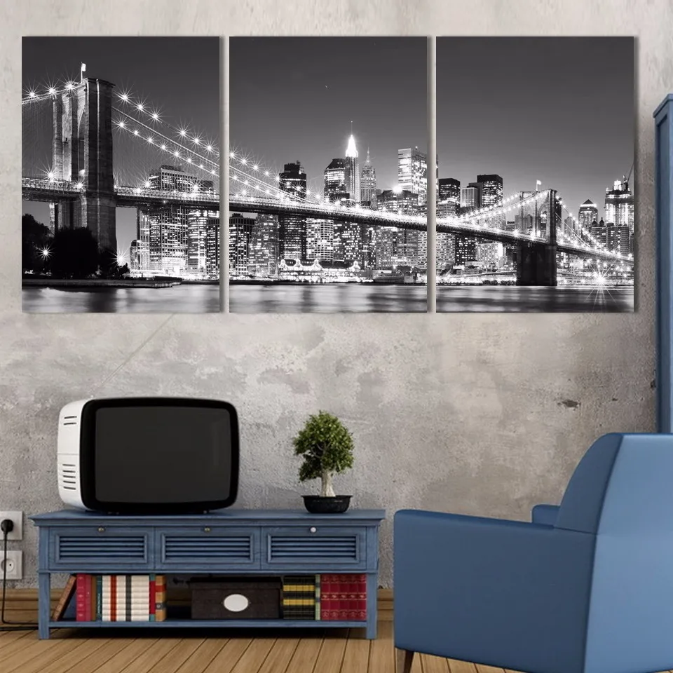 

Beautiful New York Brooklyn Bridge Night Scenery Canvas Paintings 3 Pieces Canvas Wall Art Decoration