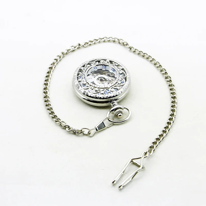 Silver Clamshell Hand Wind Mechanical Pocket Watch With Box Men Women Skeleton Gears Watch Gift