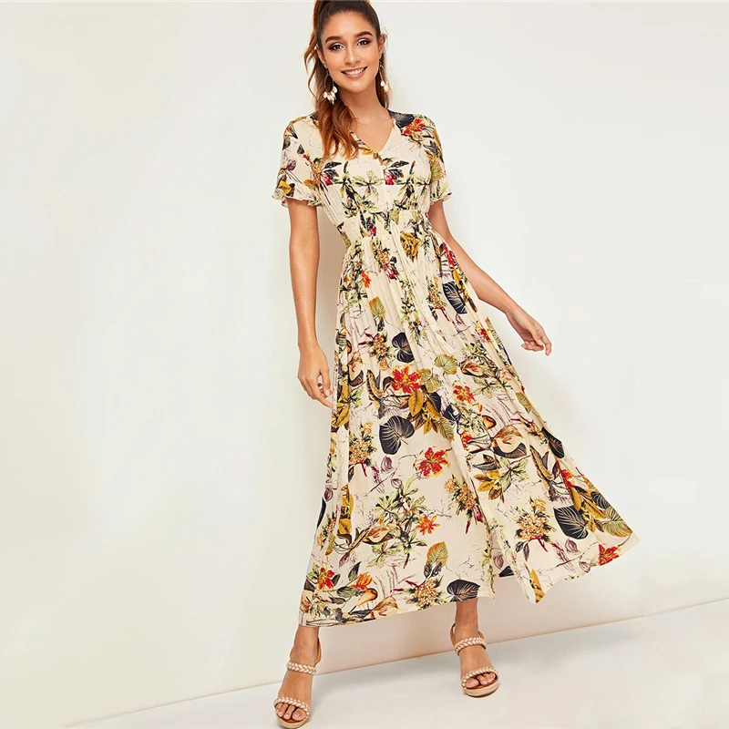 Sheinside Boho тропический принт рубашка платье для женщин Лето короткий рукав эластичный шнурок на талии платья женское плиссированное платье