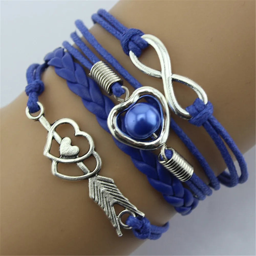 Vintage Cupid's Arrow Heart Pearl Charm Bracelets Bangle Woman Men Fashion Female Handmade Multilayer Leather Wristband Bracelet |