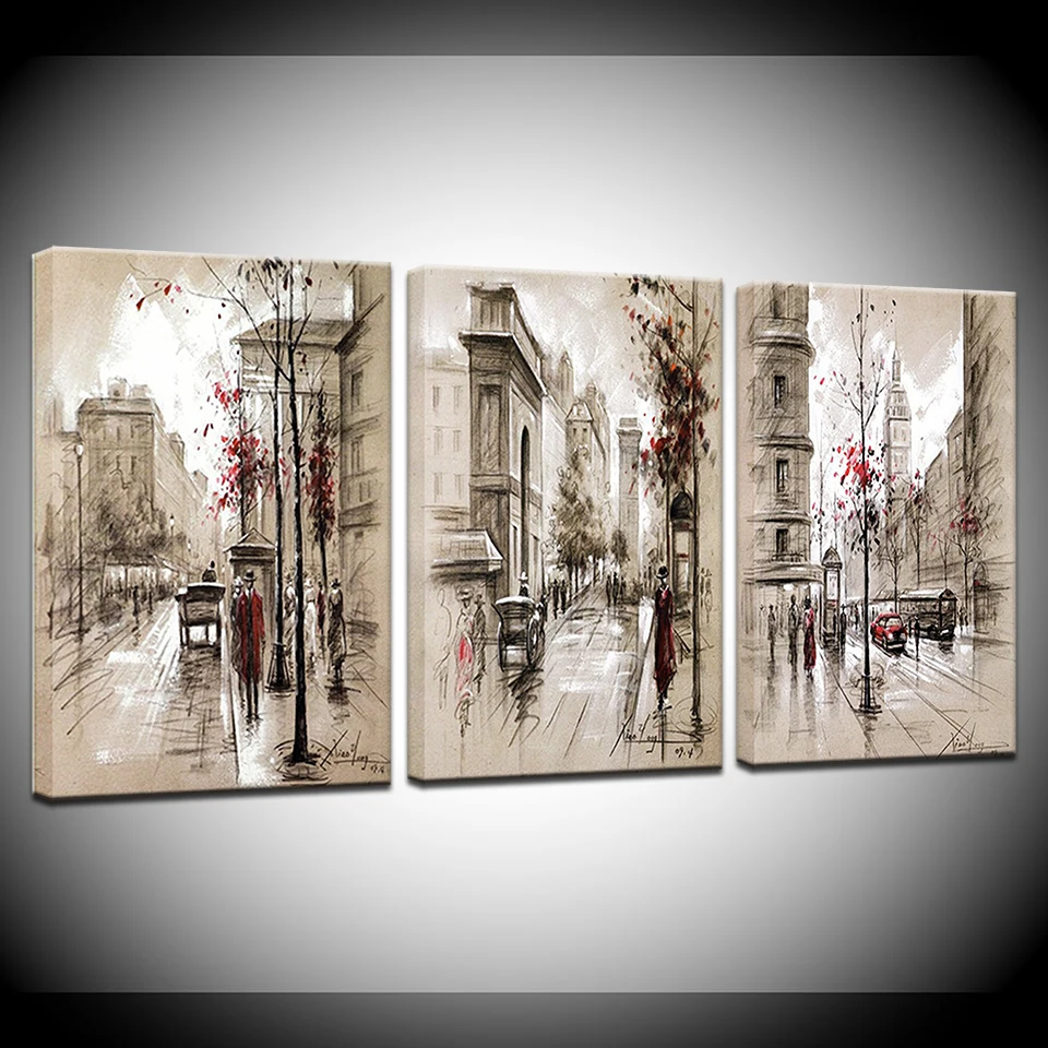 

Set of 3 Pieces Abstract European Street Painting Vintage Landscape Large Wall Pictures For Living Room Decor Modular