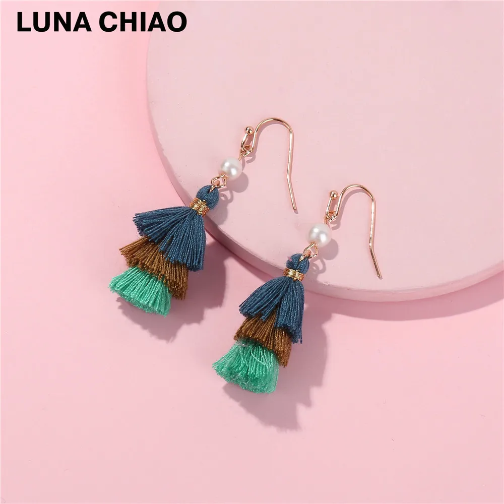 Женские мини серьги LUNA CHIAO разноцветные Многослойные хлопковые с кисточками и