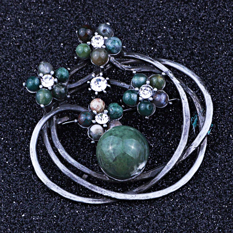 

FARLENA Jewelry Black Gun Plated Natural Stone Beads Round Shape Brooch Pins Vintage Crystal Brooches for Women
