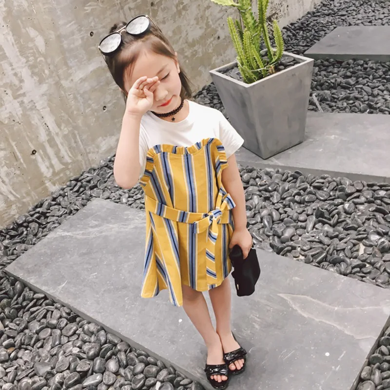 Princess dress Kids Baby Girls Summer Stitched striped bows Short sleeved sweet style children's clothing | Детская одежда и