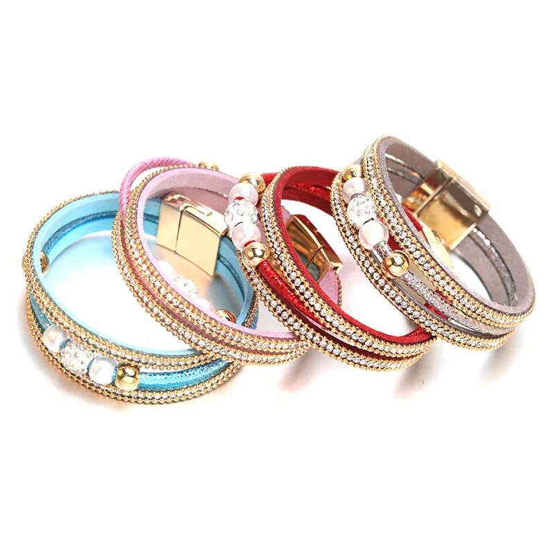 

New Four-Color Sweet Romantic Jewelry Zircon Beaded Bracelet 65MM Leather Bracelet Stainless Steel Magnetic Clasp Fashion Bangle