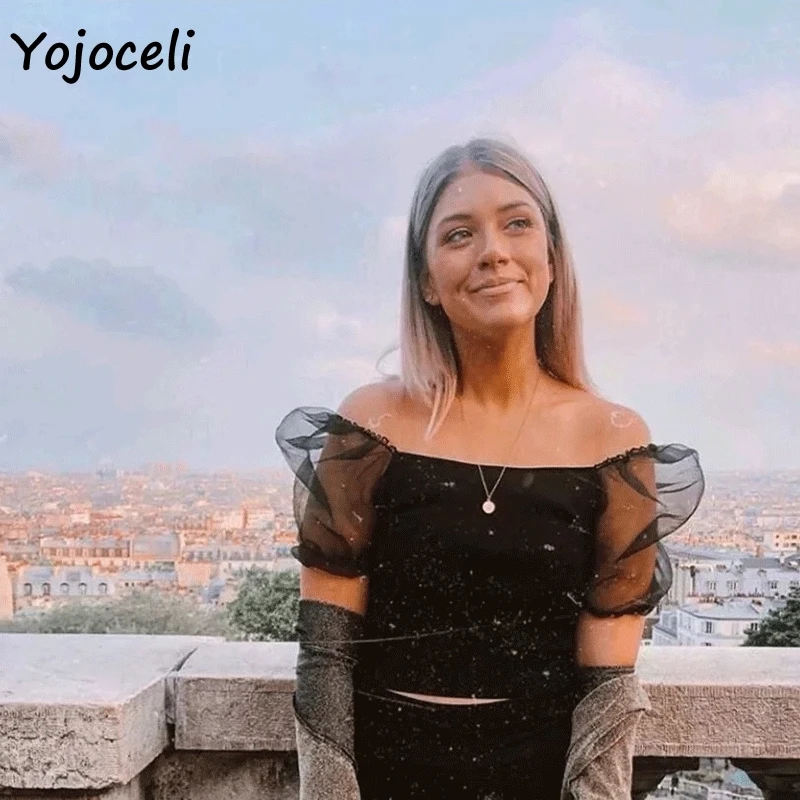Сексуальная черная женская рубашка Yojoceli сетчатые Топы в стиле пэчворк с пышными