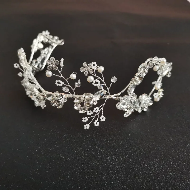 SLBRIDAL гибкие стразы Кристальный пресноводный жемчуг свадебная тиара головная