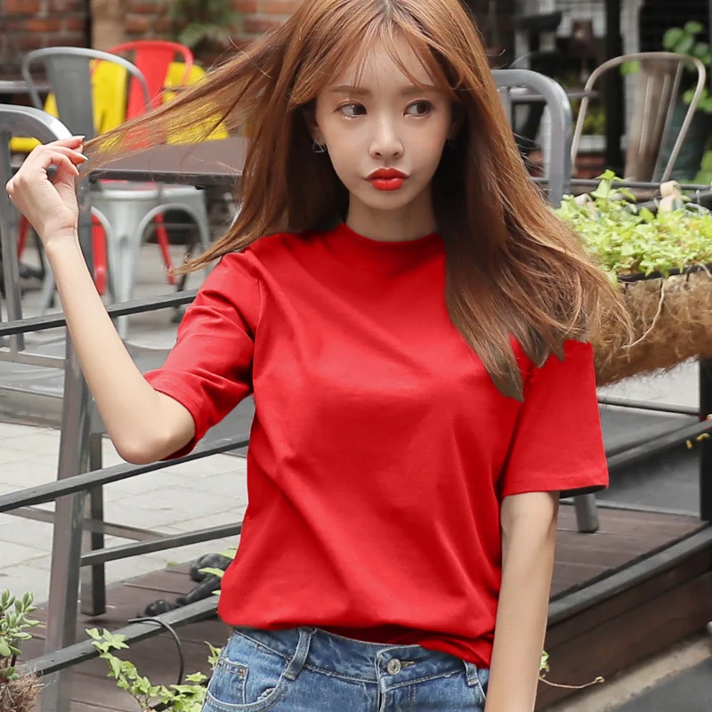 2018 spring summer girls solid t shirt short sleeve o neck women tops plus size 4XL cotton casual red shirts | Женская одежда