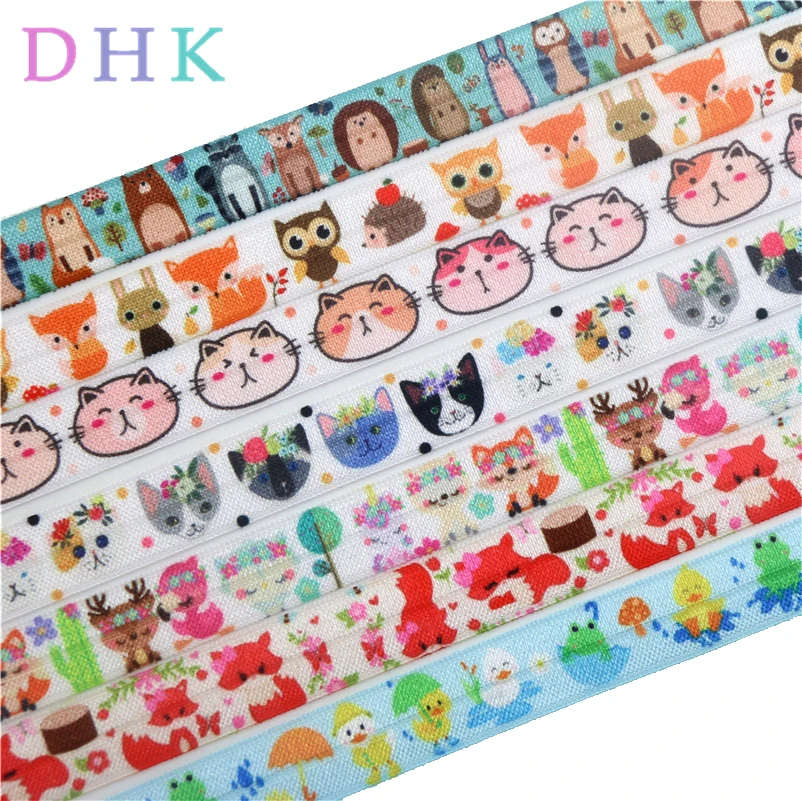 

DHK 5/8'' 50yards animals fox duck cat printed Fold Elastic FOE stretch ribbon hairbow headwear headband DIY OEM S1001