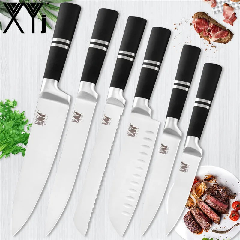6 PCS knives Set XYj набор кухонных ножей из нержавеющей стали, хорошее качество, популярный набор кухонных ножей, нож для нарезки хлеба, Santoku, нож для очистки овощей - Цвет: 6 PCS knives Set