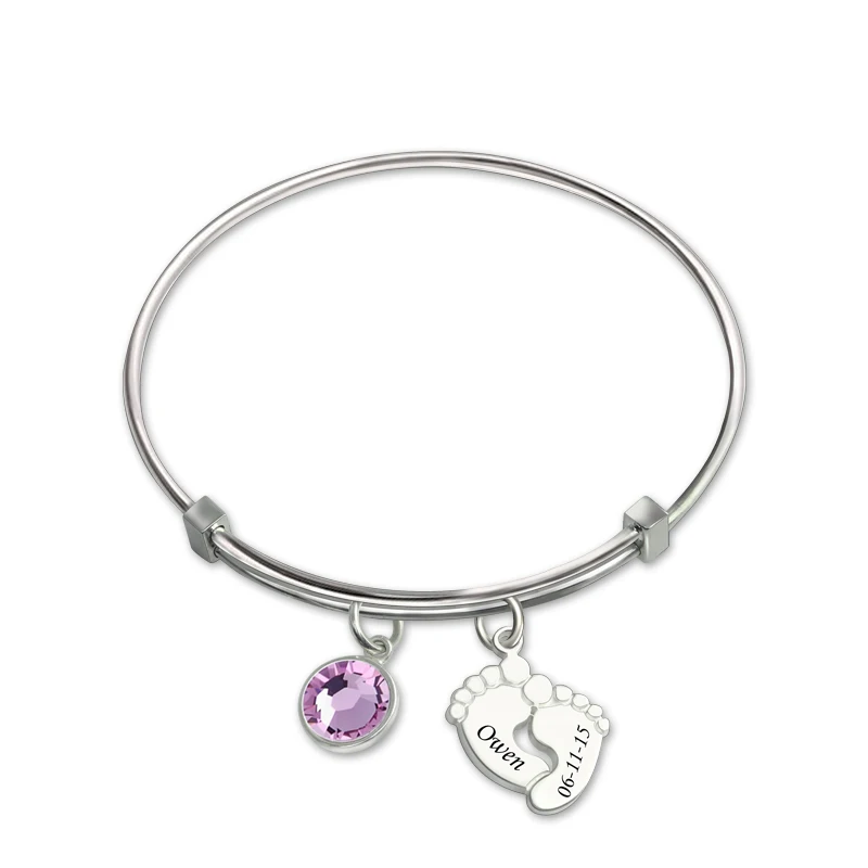

Personalized Engraved Birthstone Baby Feet Bangle Sterling Silver Fashion Bangle for Women
