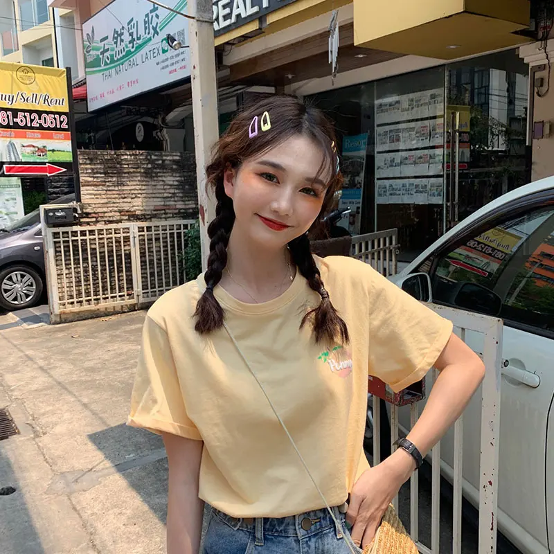 Ulzzang kawaii Топы 2019 лето в Корейском стиле женская футболка мода сладкий печати