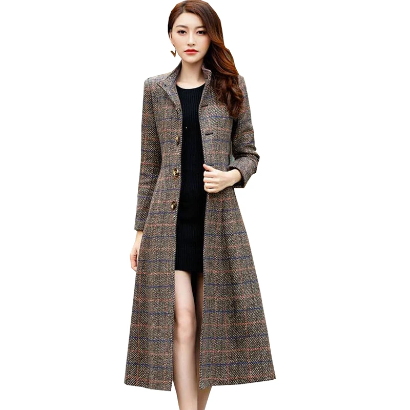 Women's wool coat high-quality classic long woolen coats Female winter outerwear checkered women's coats Korean fashion clothing