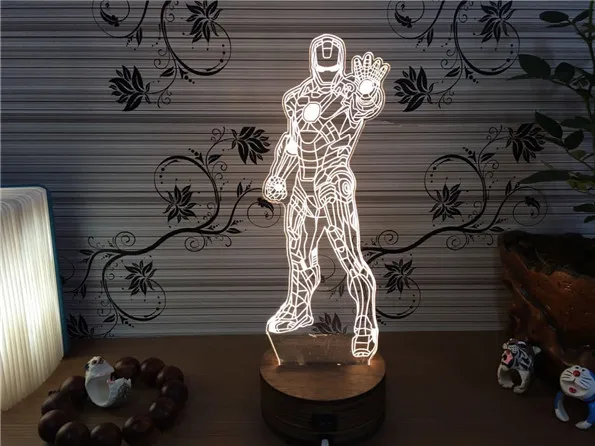 Деревянная база 5 видов цветов USB лампа 3D Железный человек свет Бэтмен Marvel для