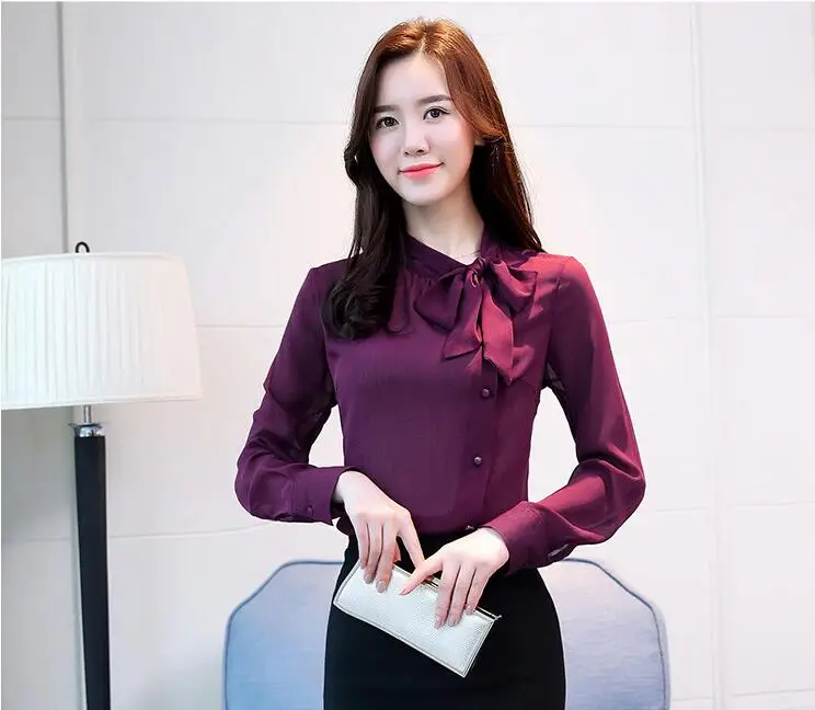 Women Chiffon Blouse Spring Long Sleeve Bow Shirt Solid Purple White Formal  Fashion Elegant Office Wear Female Tops blusas