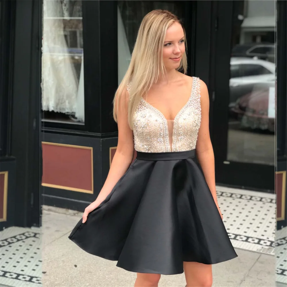 Baijinbay Sparking Бисероплетение платье для выпускного вечера Vestido De Formatura Curto Sheer v-образным вырезом атласные Короткие платья для выпускного на молнии сзади