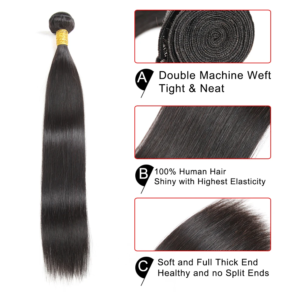 Joedir Indian Straight Weave with Closure Natural Black Free Part Human Hair Bundle Frontal 4 Bundles | Шиньоны и парики