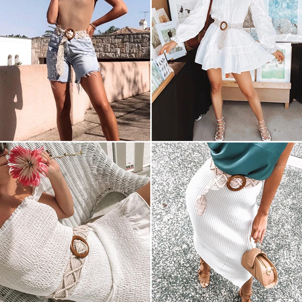 Женский плетеный пояс в стиле бохо вязаный 100 см круглая деревянная пряжка