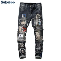 sokotoo mens badge patchwork ripped embroidered stretch jeans trendy holes patches design slim straight denim pants