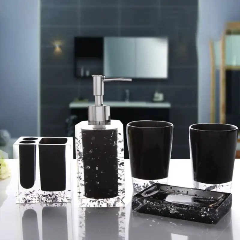 black ONEUP 5 шт. набор для ванной комнаты с кристаллами аксессуары для купания держатель для зубной щетки Лосьон бутылка набор для ванной Аксессуары для ванной - Цвет: black