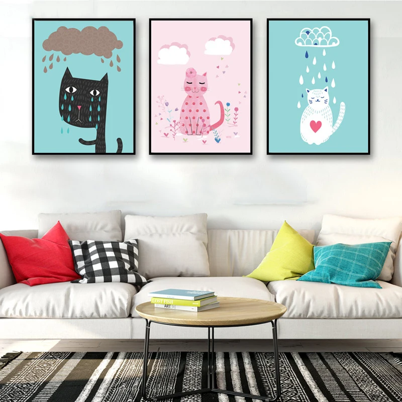 

Creative Cartoon Cat Rain Home Decor Painting Nordic Minimalist Modern Space Wall Art For Living Room Poster Canvas Unframed
