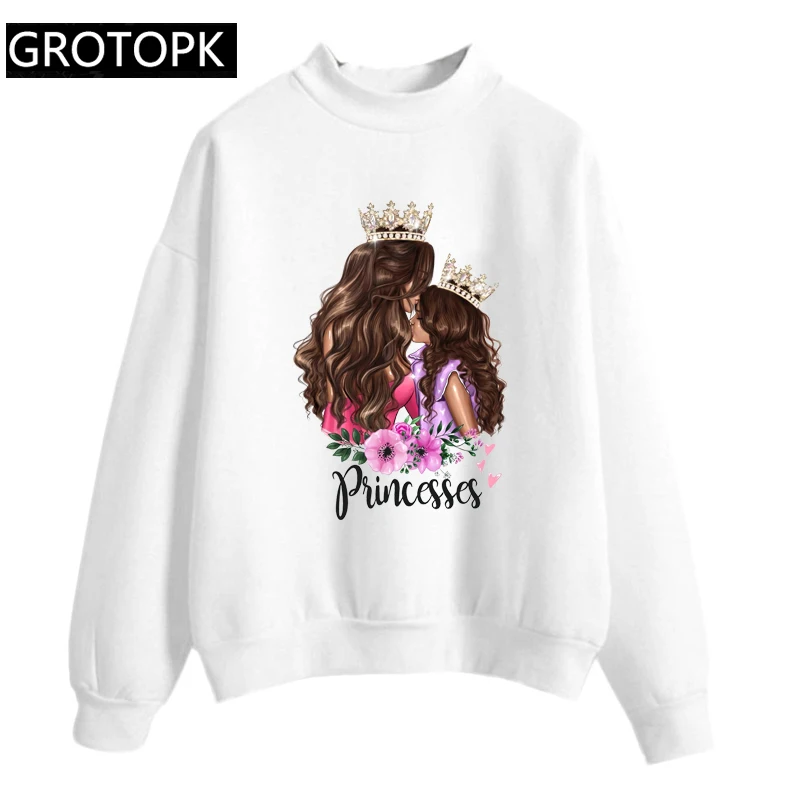 Princess Mom and Girl Super Mama Hoody Korean Style Fashion Hoodies Women Harajuku Women's Sweatshirt Long Sleeve Hoody Pullover