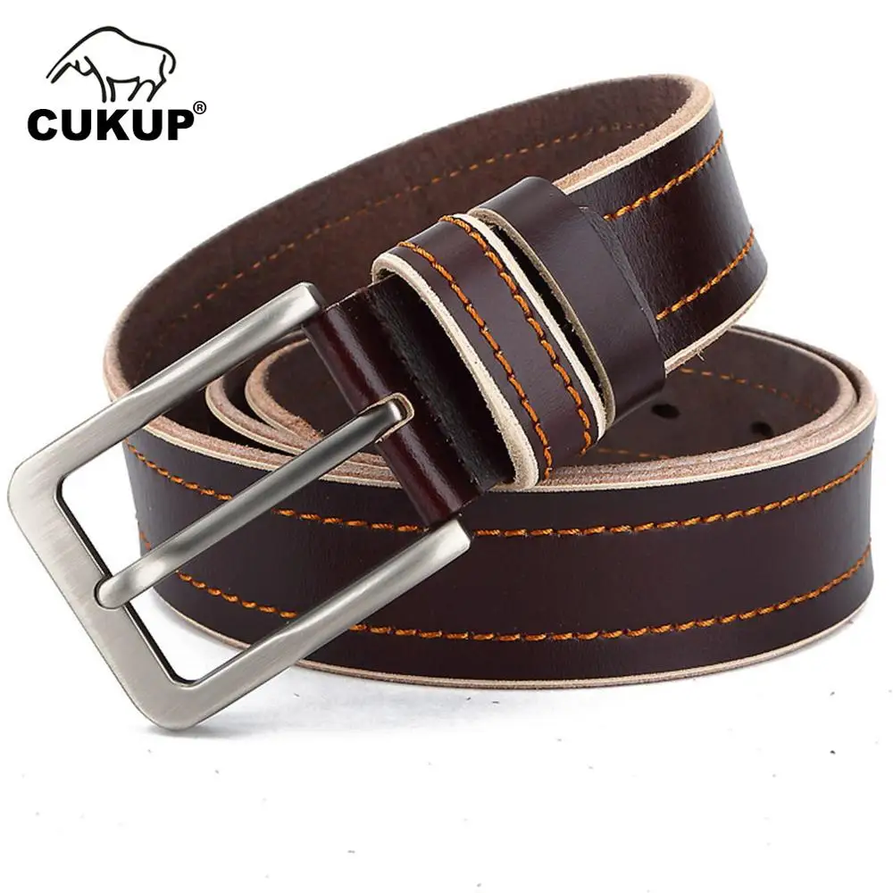 CUKUP Good Quality Striped Line Cow Leather Belts Male Anti-Scratch Alloy Pin Buckle Metal Casual Belt for Men Adjustable NCK413