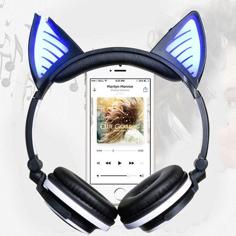 Складные милые наушники с кошачьими ушками Bluetooth 4,2 мигающие светящиеся наушники беспроводные наушники для девочек детей