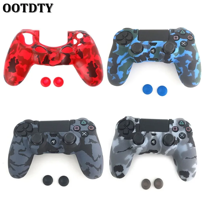 

3-In-1 Anti-Slip Soft Camouflage Silicone Cover Skin Case + 2 Thumbsticks Caps For Sony PS4 Pro Slim Controller
