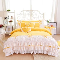 Yellow Purple Blue Pink Korean Princess 100% Cotton Bedding Set White Ruffle Twin Queen King Duvet Cover Bed Skirt Pillowcases