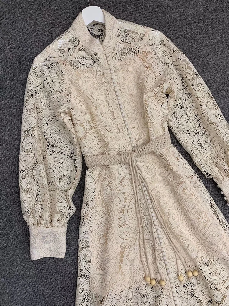 Svoryxiu High End Hollow Out Lace Embroidery Lantern Sleeve Maxi Dress Women's Single Breasted Runway Autumn Party Long Dresses