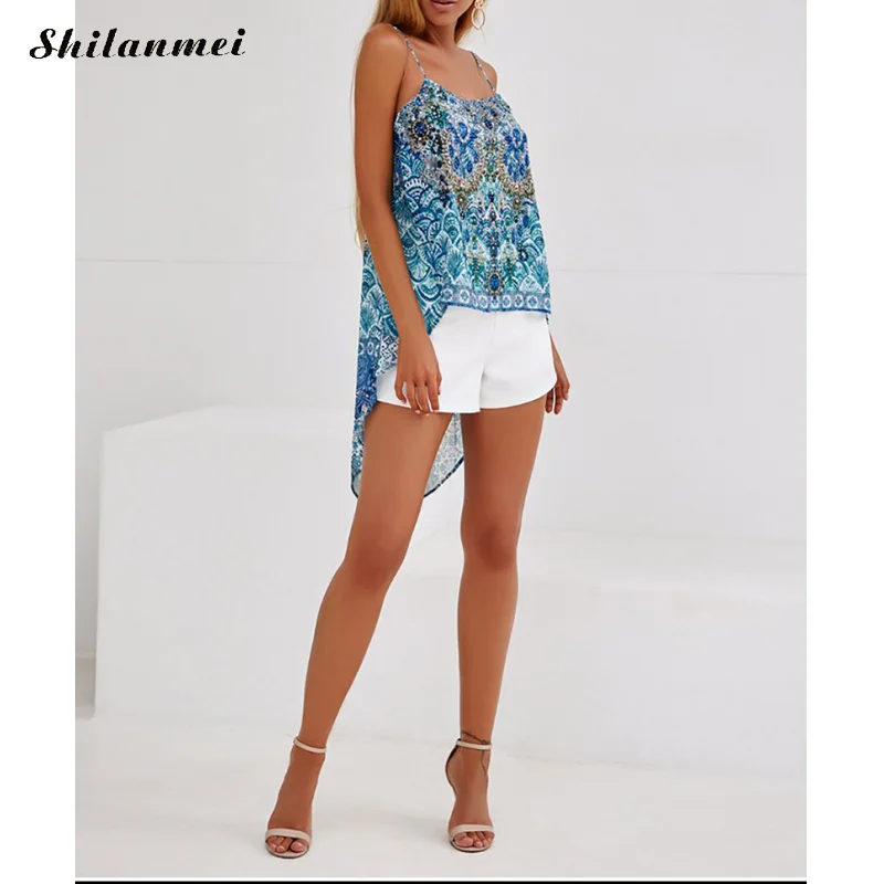 Богемные печати Cami Топ 2019 Лето Спагетти ремень повседневные Свободные Boho Camisole
