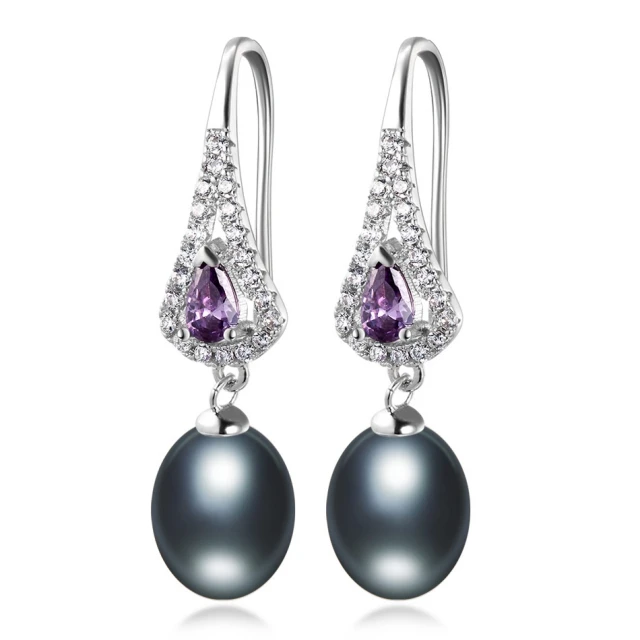 Elegant Women AAA Shiny Crystal Real Natural Freshwater Pearl Drop Earrings Fashion Luxury Zircon 925 Sterling Silver Jewelry - Цвет камня: Черный