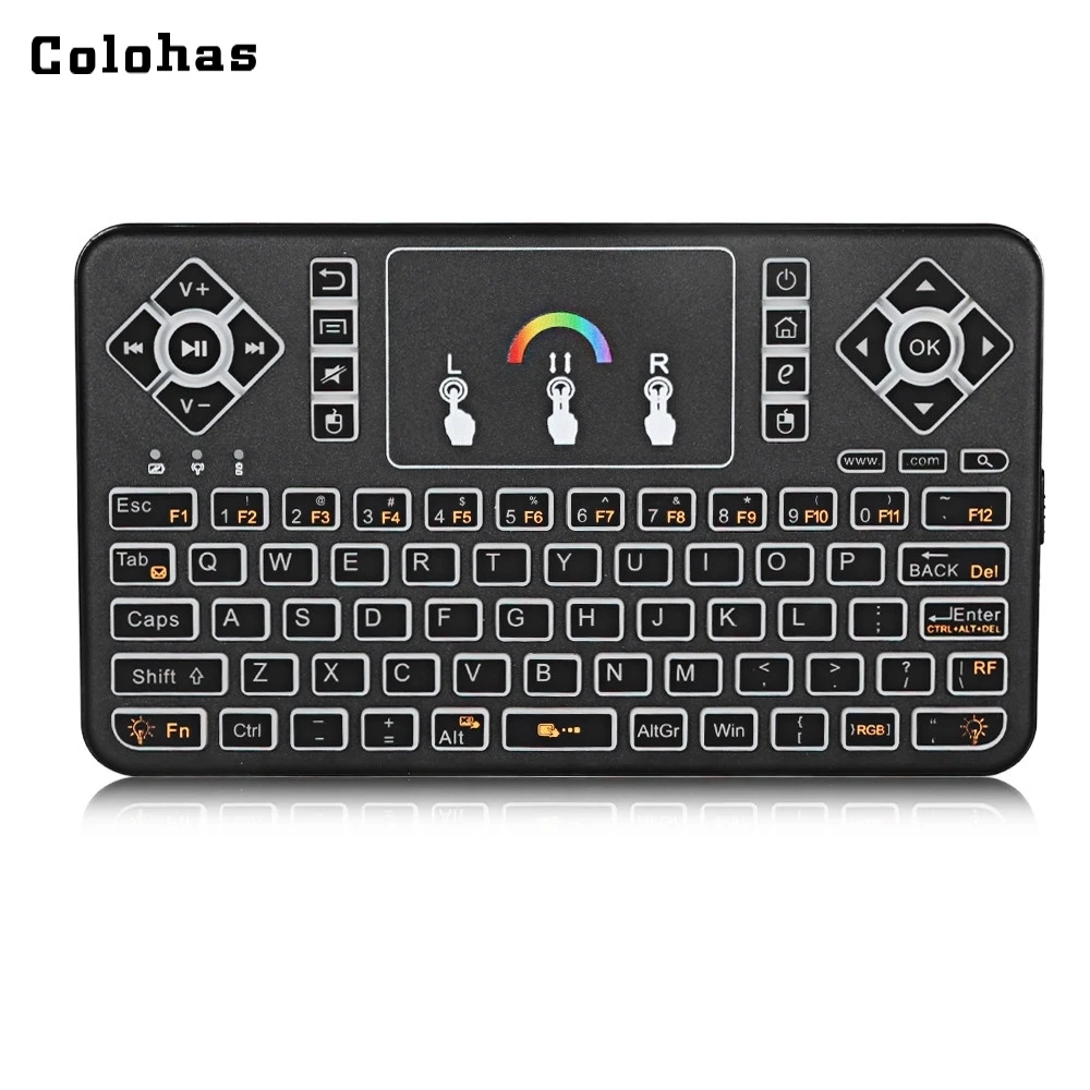 Цветная мини-клавиатура с подсветкой, 2,4 ГГц, беспроводная QWERTY клавиатура, воздушная мышь, Функция Smart Touchpad для компьютера, Android tv Box, HTPC