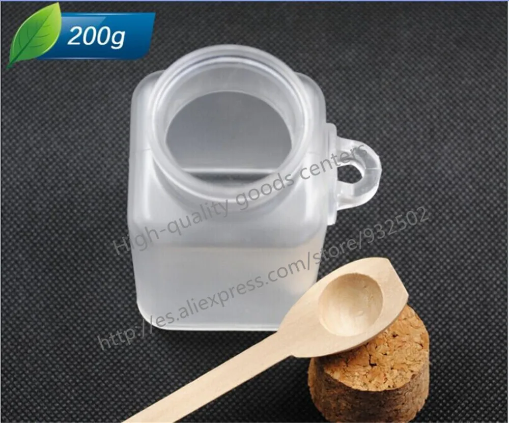 

12 X 200G ABS Square Bath Salt Bottle 200ml Powder Plastic Bottle with Cork Jar with Wood Spoon,Packaging Bottle