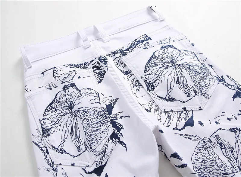 

2019 Fashion Mens White Jeans Casual Slim Fit Skinny Pencil Pants Spring Summer Hip Hop Print Trend Bike Jeans Plus Size