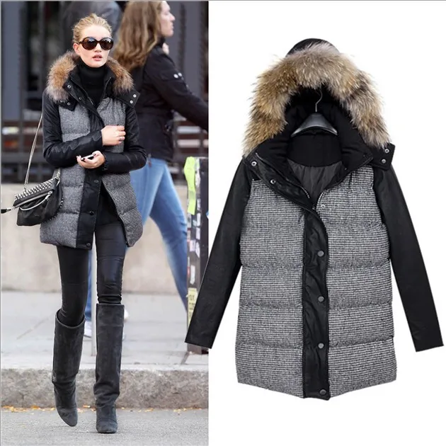 Новый 2016 зима пуховик женщин с длинными рукавами белье материал кожа PU съемные