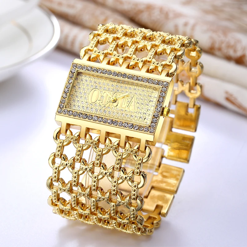 Часы O.T.SEA женские элегантные кварцевые с золотым покрытием со стразами под