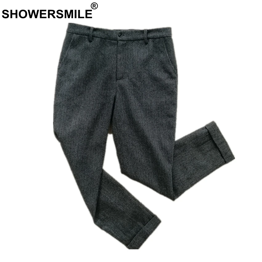 SHOWERSMILE, серые шерстяные брюки, мужские твидовые брюки в елочку, облегающие плотные зимние брюки, винтажная одежда в британском стиле - Цвет: Серый