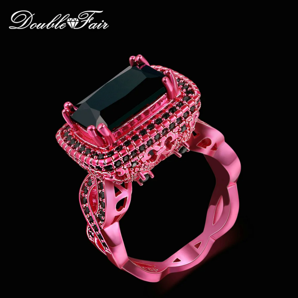 Двойное яркое кольцо с квадратным вырезом розовое золото цвет черный кубические