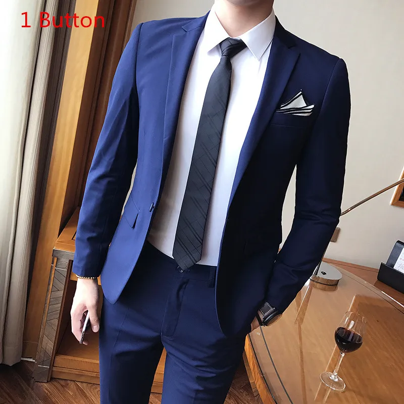 1 buttons Navy Пальто брюки) бизнес-отделка высокое качество мужские костюмы два комплекта свадьбы Повседневные Вечерние Классические Серые Костюмы Блейзер одежда - Цвет: 1 buttons Navy