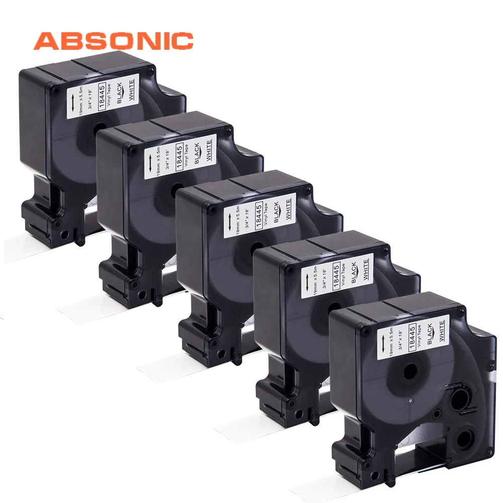 Absoonic 5 шт. 19 мм IND виниловый лейбл DYMO Rhino 18445 черный на белом лейбле ленты