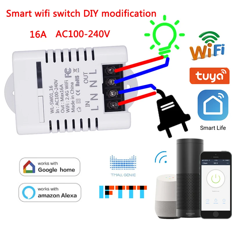 WiFi умный переключатель дистанционного управления DIY модификация 16A Tuya/приложение