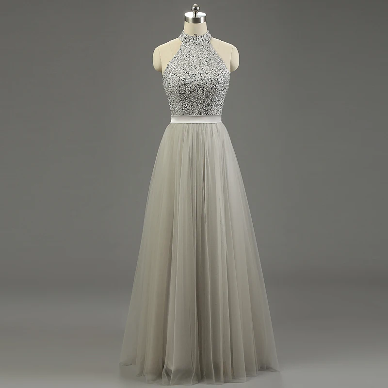 Мода 2017 г. Высокая шея блестками Длинные платье для выпускного вечера Тюль платья