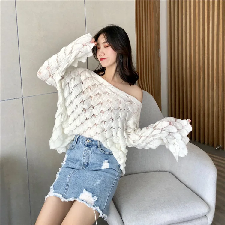Solid Sexy Sweaters Fashion 2018 Women Loose Slash Neck Knitted Pullovers Long Sleeve Hollow Out Winter Tops for | Женская одежда